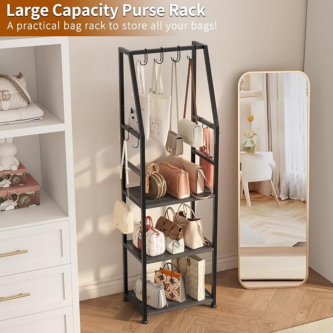 Hall Tree with Hanging Hooks,Heavy-Duty Metal Coat Rack with Shoe Shelves,3-Tier Purse Stand Handbag Organizer，Suitable for Hallway,Bedroom and Bathroom (Black)