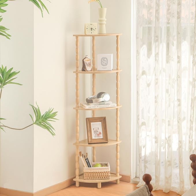 MaxSmeo Corner Shelf, 5-Tier Corner Bookshelf for Small Spaces, Stylish Corner Storage Display Shelves for Bedroom, Bathroom, Kitchen, Living Room (Natural)