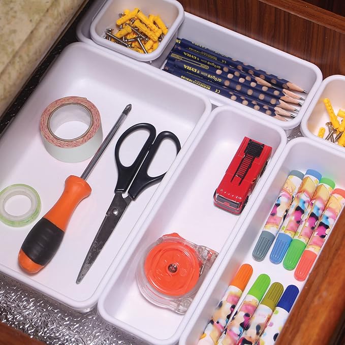TENABORT 42 Pack Interlocking Desk Drawer Organizer Tray Dividers Plastic Shallow Narrow Drawers Organizers Separators Storage Bins Container for Kitchen Bathroom Makeup Office Vanity Dresser White