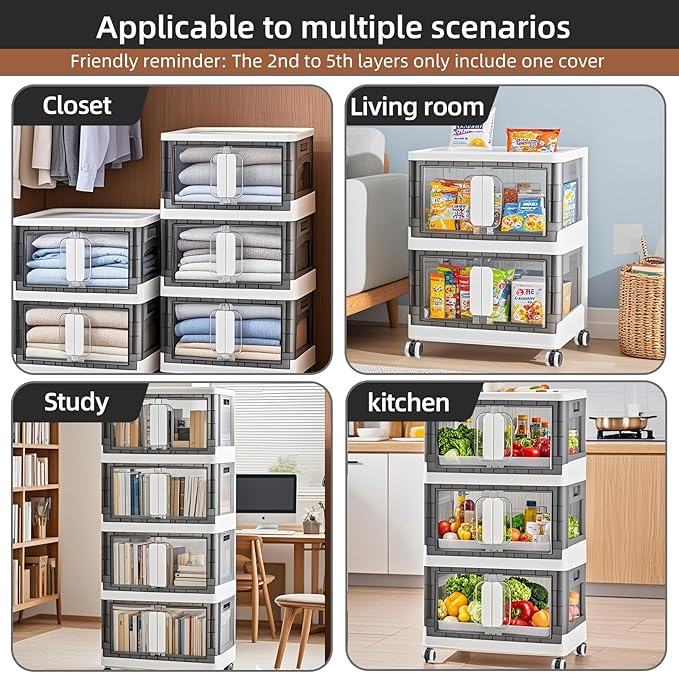Folding Storage Organizer with Silent casters | Stackable Design for Home & Office, Heavy-Duty Plastic Storage Bin with Clear Door, 3 Sizes (19.5/23.5/27.5in),Black/White (23.6" 4 layer, White)