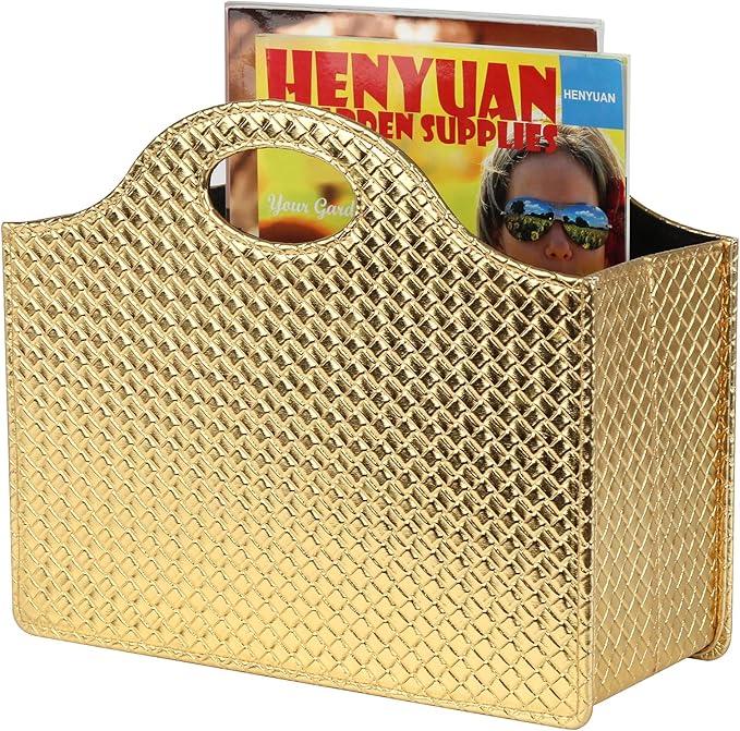 HofferRuffer Magazine Basket Holder, Foldable Magazine Rack, Document File Holder Organizer, File Folder, Newspaper Storage Bin Organizer for Home or Office (Gold)