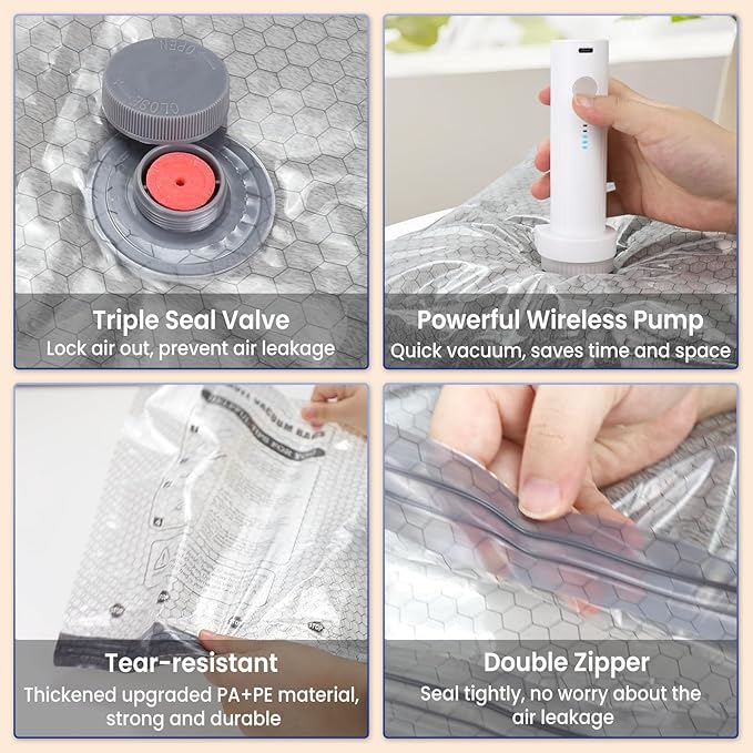 24PCS Vacuum Seal Bags for Clothing with Electric Pump - 8 Small, 8 Medium, 4 Large, 4 Jubom - Space Saver Vacuum Storage Bags for Bedding, Blanket, Pillow, Comforter, Travel, Seasonal Storage