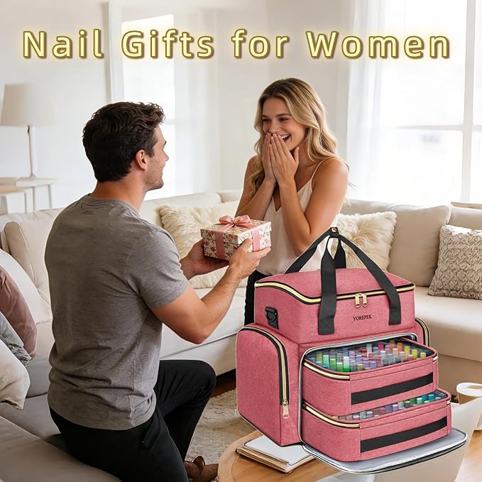 YOREPEK XL Nail Polish Organizer Case for 96 to 100+ Bottles, Pink | Nail Organizer With 96 Slots Foam Inserts, Travel Nail Tech Carrying Case with Adjustable Space for Gel Dip Powder Tips Set