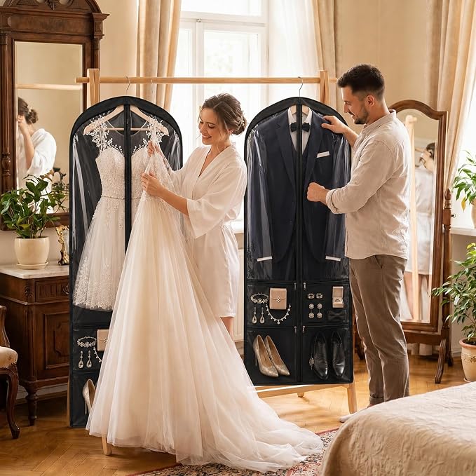 Tranqun 6 Pack 65" Long Wedding Garment Bags for Gowns 4" Gusseted Clear Dress Travel Bag for Hanging Clothes Foldable Wedding Dress Cover with 4 Zipper Pockets for Closet Storage and Travel (Black)