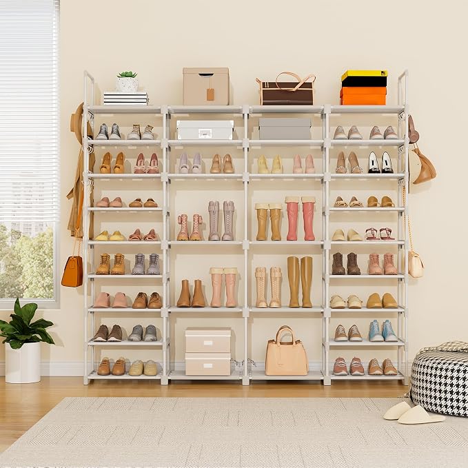 ROJASOP Large Shoe Rack Organizer for Entryway Closet 64-68 Pairs 9-Tier Heavy Duty Tall Garage Shoe Rack Shoe Shelf Shoes Storage with 18 Pcs Removable Side Hooks for Bedroom and Garage White