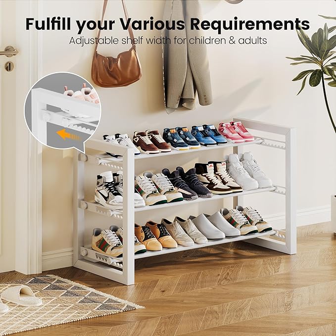 Homeiju Expandable Shoe Rack, 3 Tier Metal Shoe Shelf, Adjustable Shoe Stand for Sneakers, Boots, Heels, Heavy-Duty Steel Standing Shoe Organizer for Entryway, Closet, Bedroom, White