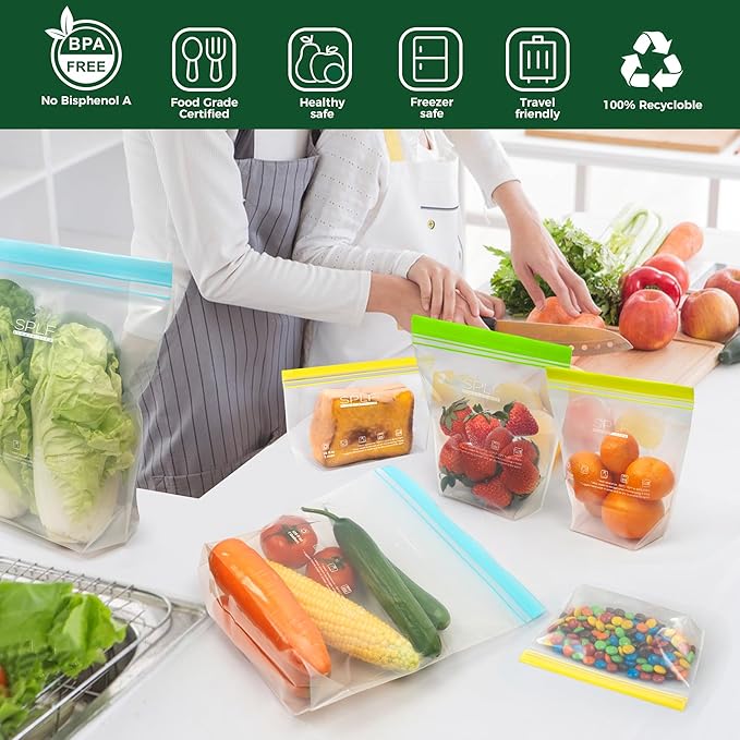 SPLF 20 Pack Reusable Snack Bags Dishwasher Microwave Safe, BPA Free Extra Thick Leakproof Reusable Food Storage Bags Silicone Free Snack Pouch Freezer Bags Fridge Organization