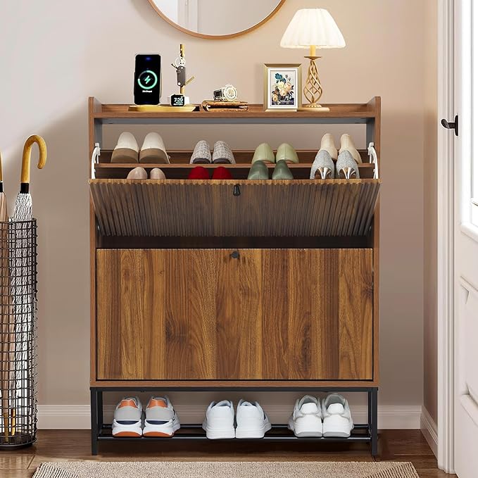 RARZOE Fluted Shoe Cabinet for Entryway with 2 Flip Drawers, Narrow Wood Shoe Cabinet with Fluted Panel, Slim Hidden Shoe Organizer Closed Shoe Rack with Metal Legs for Foyer,Hallway(31.5''Walnut)