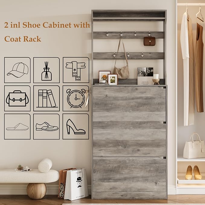Wodeer Tall Shoe Cabinet with Coat Rack, Hidden Shoe Storage Cabinet with Doors & Drawer, Hanging Bar & Hooks, Slim Narrow Freestanding Shoe Rack Organizer for Entryway, Hallway & Living Room, Grey