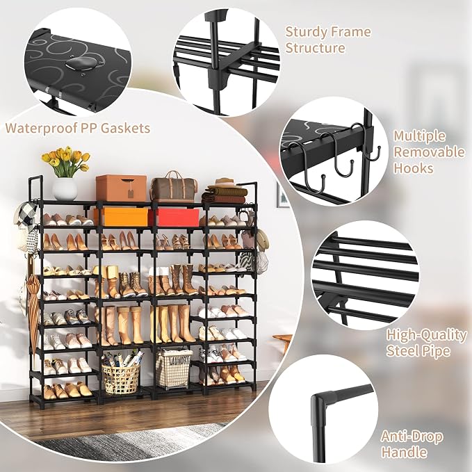 ROJASOP Large Shoe Rack Organizer for Entryway Closet 64-68 Pairs 9-Tier Heavy Duty Tall Garage Shoe Rack Shoe Shelf Shoes Storage with 18 Pcs Removable Side Hooks for Bedroom and Garage Black
