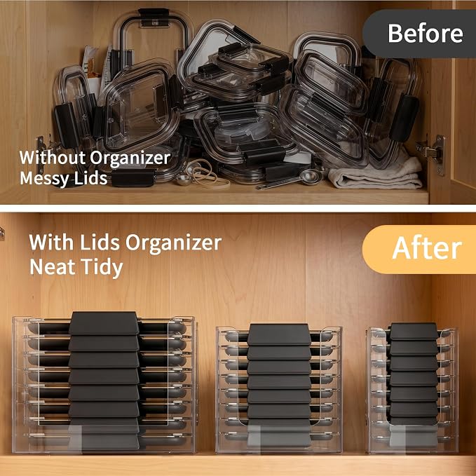 Acrylic Lid Organizer for Rubbermaid Brilliance Storage Containers,3-Piece | Cabinet Lid Holder, Fits & Stores 24 Lids Total for 4.7-cup, 3.2-cup, and 1.3-cup Containers (Clear)