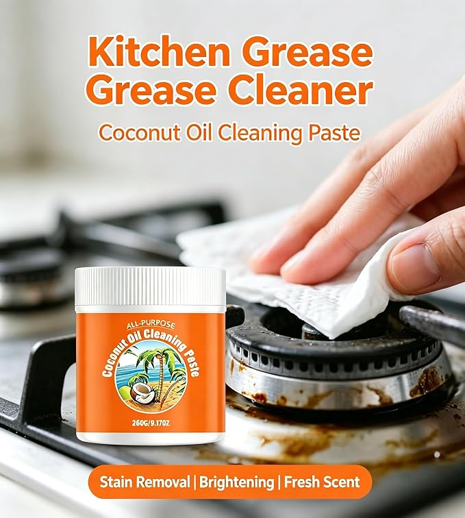Multi-Purpose Coconut Oil Cleaning & Polishing Paste, All-Purpose Kitchen Degreaser and Cooktop Cleaner for Pots, Pans, Ovens, Stovetops, Grills, Tiles, Stainless Steel & Wood Furniture (2PC)