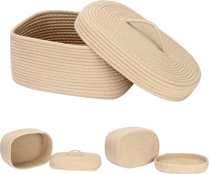 Sea Team Oval Cotton Rope Storage Basket with Lid, Lidded Woven Storage Bin, Nursery Storage Container, Diaper Caddy, Baby Shower Basket, Box, Organizer, 15 x 11 x 6.5 Inches (Medium, Khaki)