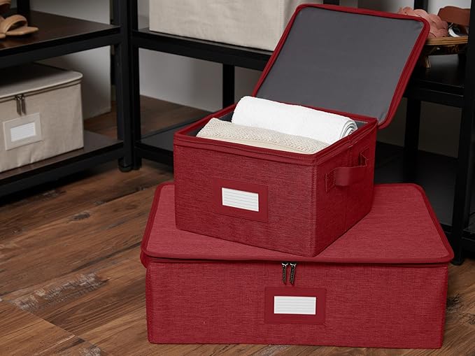 Covermates Keepsakes Zip-Top Storage Box Set, 3 Pack Heavy Duty Polyester Organizer Bins, Stackable Design, ID Window, Reinforced Handles, Closet Home Storage, Red Heather