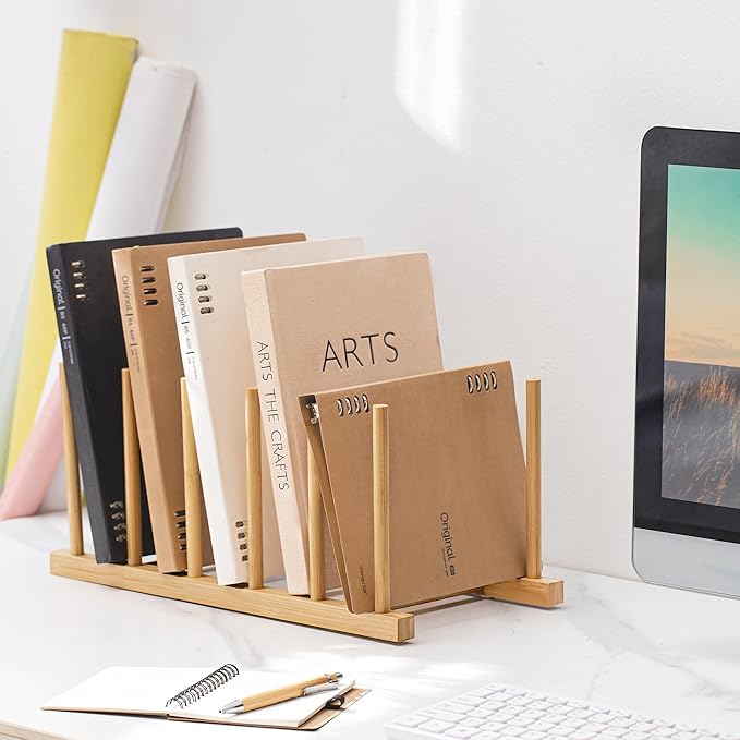 HBlife Desk File Organizer 5 Section Upright File Sorter, 2 Pack Bamboo File Holder for Home, Office & School