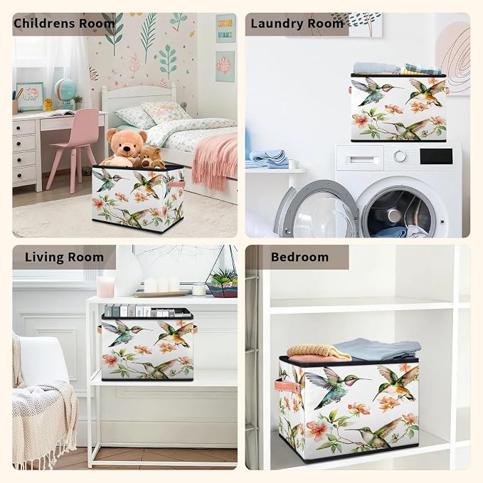 Hummingbird Closet Storage Bin, Foldable Storage Baskets for Shelves, Decorative Shelf Organizer Flower Bird Colourful Fabric Cube Bin for Living Room Bedroom Home Dorm