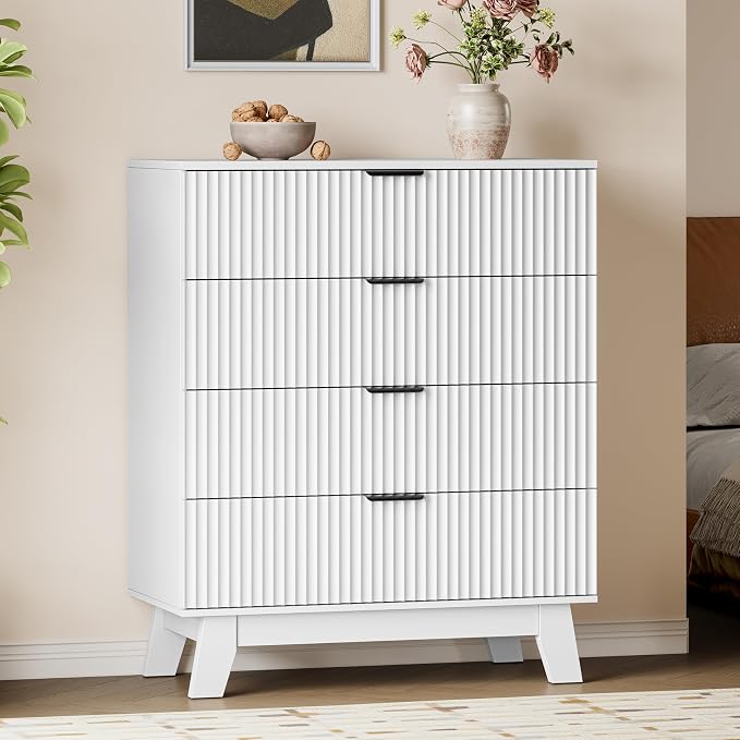 BORNOON 39" Tall Dresser for Bedroom, 4-Drawer Fluted Chest of Drawers, Modern Wood Highboy with Deep Storage, Metal Slides & Handles, Anti-Tip Kit, Vertical Clothes Organizer for Apartment, Nursery