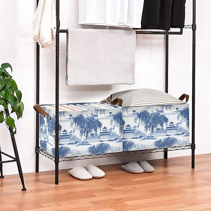 Blue and White Porcelain Pavilions Willow Tree Storage Bins for Shelves with Labels&Handles Fabric Organizer Bin Foldable Rectangle Storage Basket Boxes for Closet, Bathroom, Home, Living Room