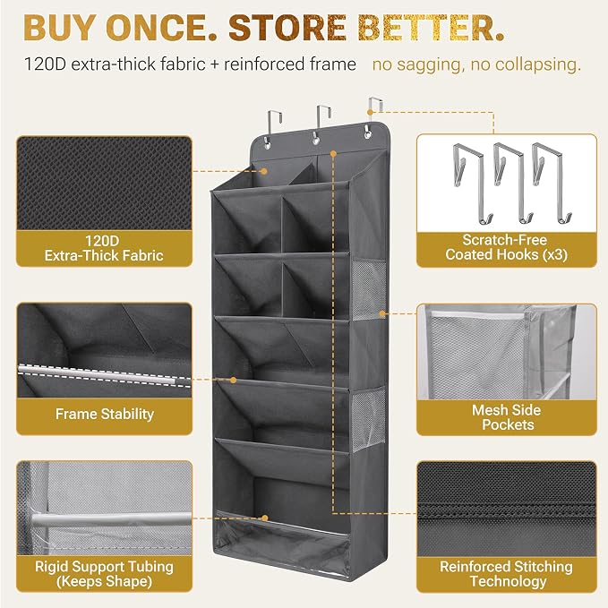 HOMELUX THEORY Hanging Shoe Organizer for Closet, 6 Tier Over the Door Shoe Organizer 120D Extra Thick with Deep Pockets, Shoe Rack for Closet & Entryway, with 4 Side Storage Pockets (Transparent)