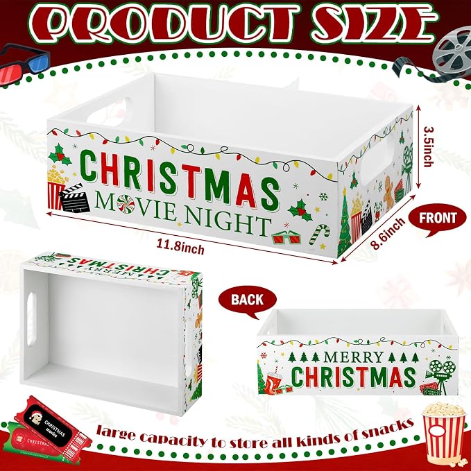 Movie Night Supplies Snack Trays with Handles Reusable Wooden Movie Gift Basket for Theater Popcorn Bucket Bowl Box Container Family Room Decor(Christmas Style 2)