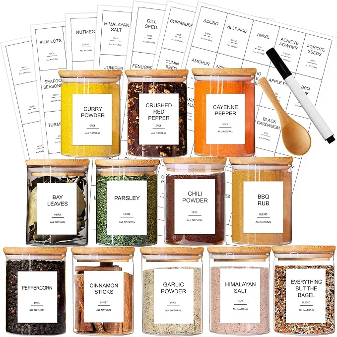 GPOVVIMX 12 Pcs Glass Spice Jars with Bamboo Airtight Lids and 191 Labels - 8.5oz Small Food Storage Containers for Kitchen, Seasoning, Coffee, Herb - Spoon and Marker Included