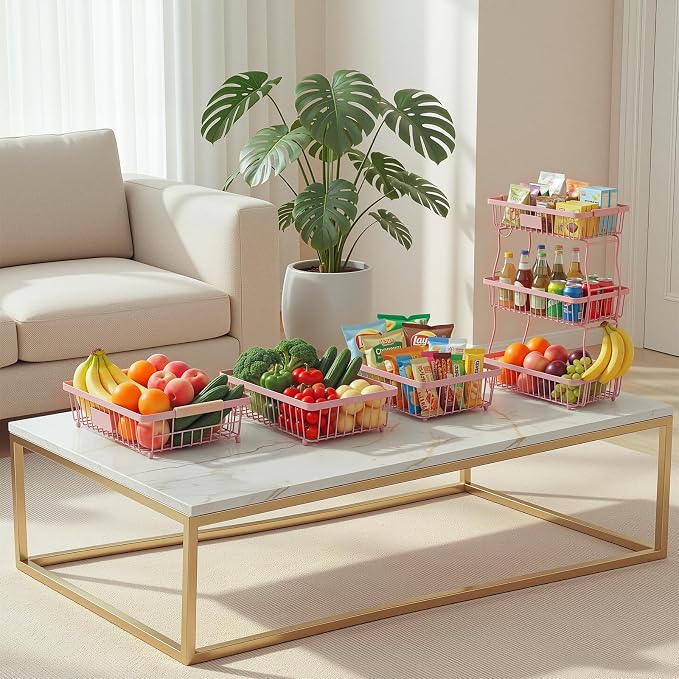 3 Tier Fruit Basket with 2 Banana Hangers, Mesh Basket Fruits Stand Produce Holder Organizer for Onion Potato Bread Snack Veggie Pink