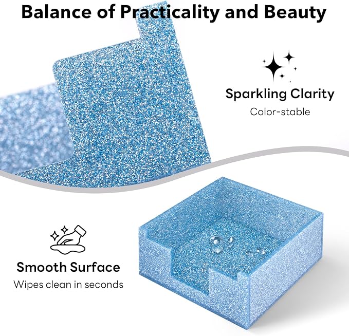 Acrylic Sticky Note Holder 4x4in Tray for Desk, Blue Glitter | Sparkling glitter acrylic tray, fits 3x3 sticky notes, compact organizer for office school and home