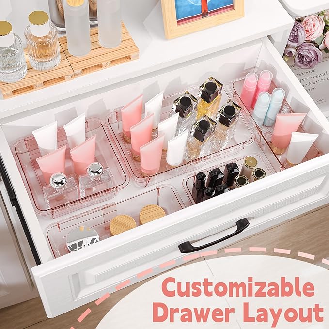 8 Pcs Mixed Extendable Clear Drawer Organizer, All Adjustable Vanity Storage Box, 2-Size Desk Drawer Organizer, Acrylic Storage Bins for Makeup, Bedroom Dressers Tool Organizer for Gadgets, Pink
