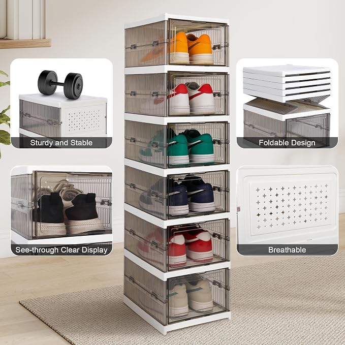 Foldable Shoe Rack, With Clear Door, Freestanding Shoe Shelf 6-Tier, Grey | No assembly, Breathable dustproof, Stackable, Front-open door, For closet, entryway, bedroom,