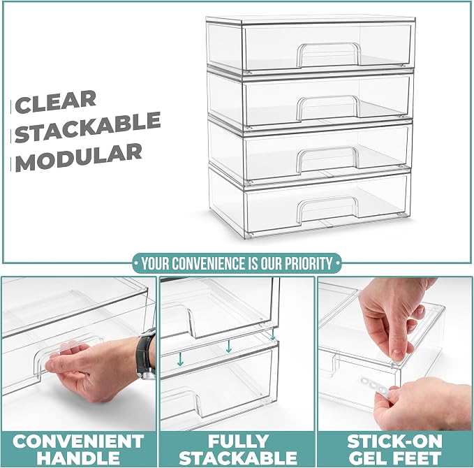 Sorbus Wide Stackable Acrylic Storage Drawers, 4 Pack Clear Plastic Organizer Bins for Baby Bottles, Makeup, Bathroom, Vanity &Countertop Organization, Pull-Out Drawer Design for Cabinets & Pantry
