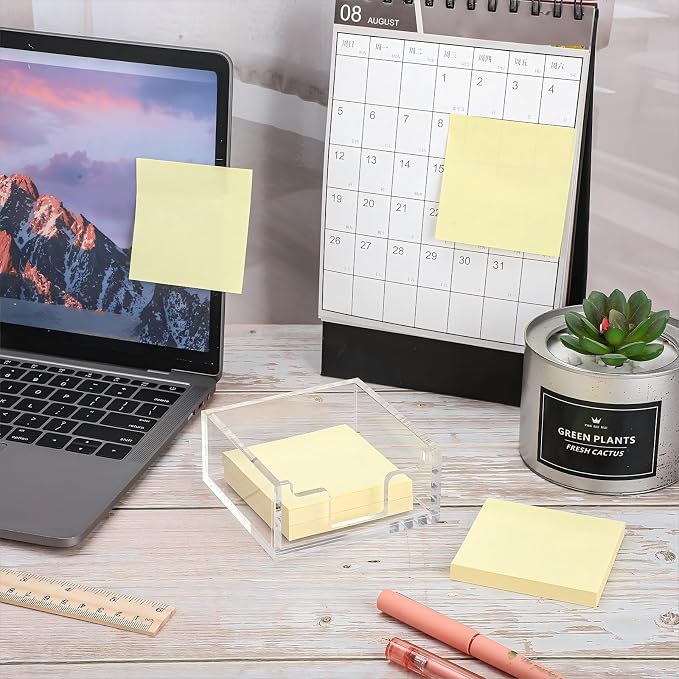 Acrylic Sticky Note Holder 3.94 x 3.94 Clear Acrylic Notepad Holder Sticky Note Dispenser for Desk Organizer Office Home(1 Pack)
