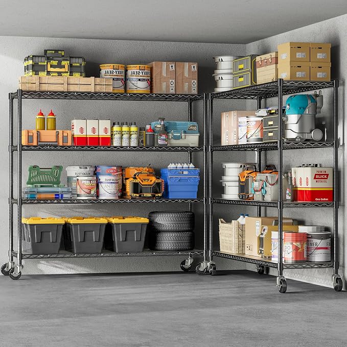 76.77" H Storage Shelves 1500LBS Metal Shelving Unit with Wheels, Adjustable Garage Shelving Heavy Duty Wire Rack with Liners for Pantry Warehouse Commercial, 48" W x 18" D x 76.77" H, 2 PCS