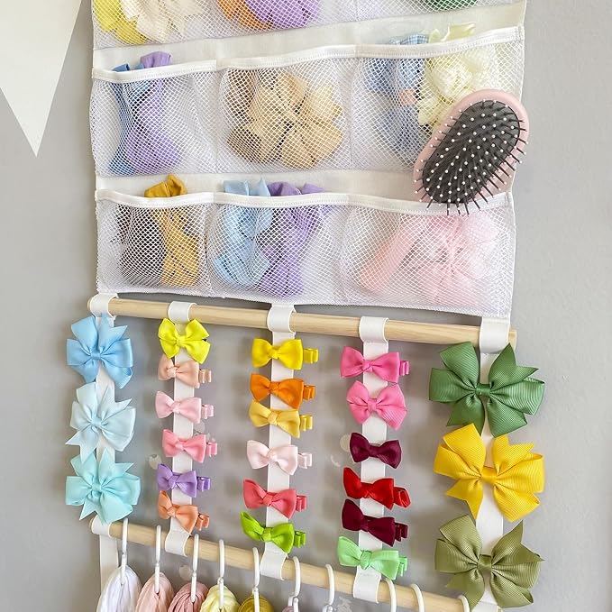 Headband Holder Hair Bows Organizer for Girls, Large Capacity Bow Holder, Pre-Assembled Hair Accessories Wall Hanging Organizer for Toddler Baby Girl Nursery Room Décor