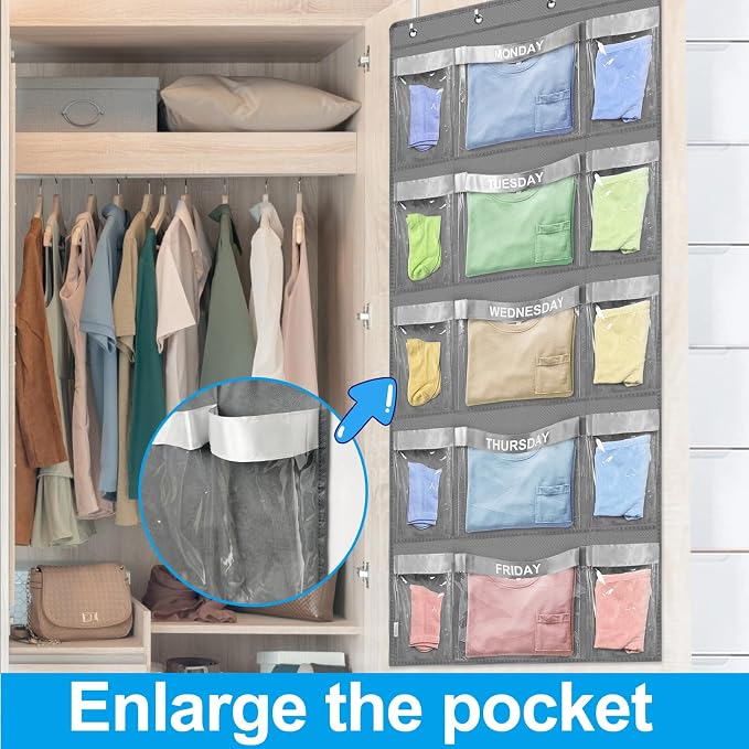 Weekly Hanging Closet Organizer for Kids,Day of Week Kids Clothes Organizer,School Clothing Storage Monday to Friday Hanging Closet Organizer Shelves for Bedroom,Bathroom,Dorm (Grey)