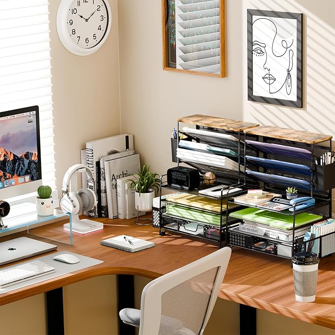 Ekisemio 8 Tier Desk File Organizer with Sliding Drawer, Desktop Organizers and Accessories, Letter Size File Organizer for Desk, Black