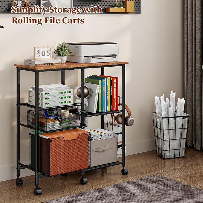 Tiaoheka Rolling File Cart with Wheels,Lateral File Cabinet with 2pcs Drawers,Rolling Printer Stand Cart with Open Storage Shelf,Hanging Filing Cabinet Organizer Cart Fits Letter Size for Home Office