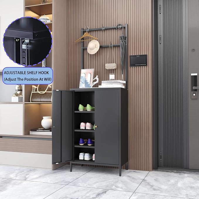 Tall Metal Shoe Cabinet with Coat Rack,Farmhouse Shoe Storage Cabinet with Doors,Hanging Bar,Hooks for Entryway, Hallway, and Living Room,2in1 Hall Tree with 3 Adjustable Shelves(Black)
