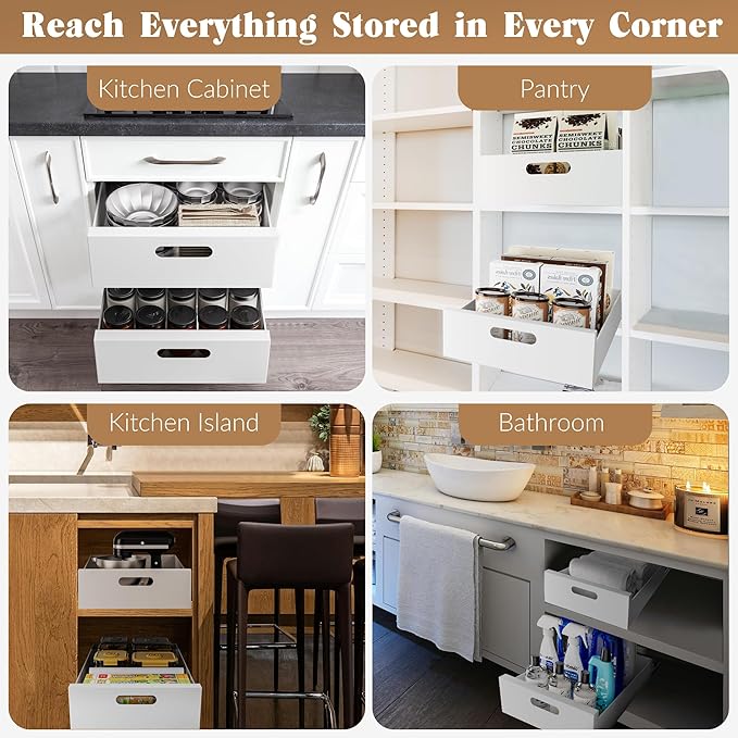 HBL' 1 Pack | 21" Deep Pull Out Cabinet Organizer Adhesive, 12-Inch Wide Sturdy Carbon Steel Roll-Out Drawers for Face Frame or Frameless Cabinets,Slide-Out Shelves for Pantry.