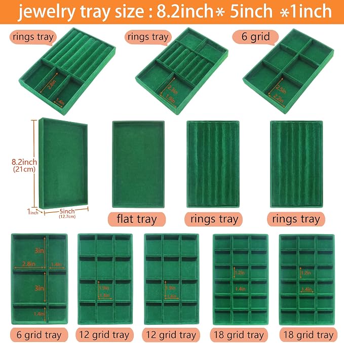 Velvet Jewelry Tray 12 Set Stackable Jewelry Organizer Trays for Drawers Rings Earrings Necklaces Bracelet Watch Display Case
