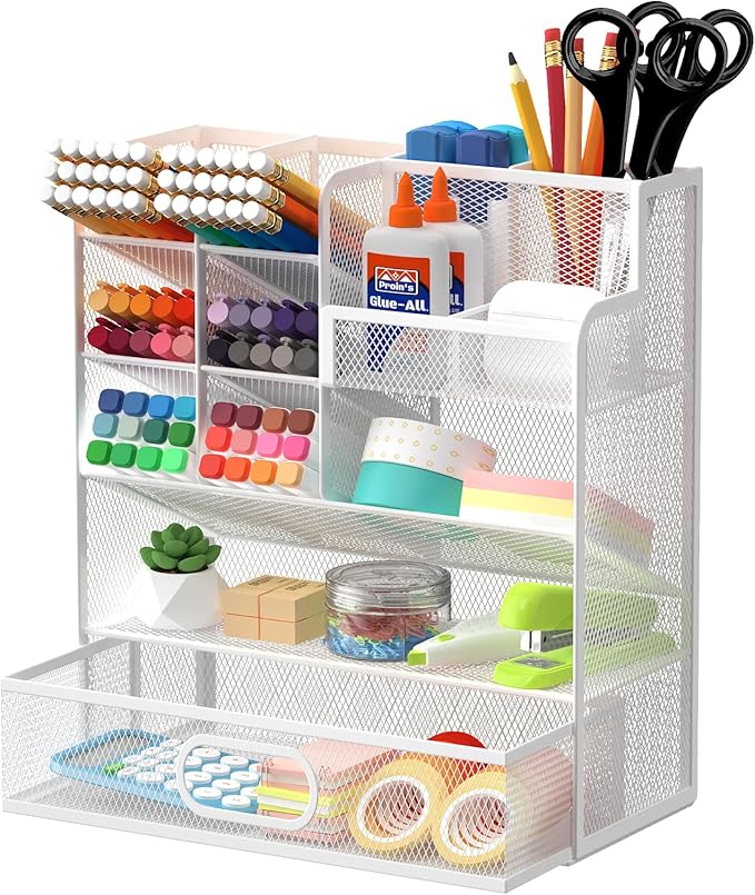 Mesh Pen Organizer for Desk, 13 Compartments with Drawer, White | Metal mesh pencil holder and desk organizer with tilted slots for easy access to stationery at home, school or office