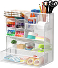 Mesh Pen Organizer for Desk, 13 Compartments with Drawer, White | Metal mesh pencil holder and desk organizer with tilted slots for easy access to stationery at home, school or office