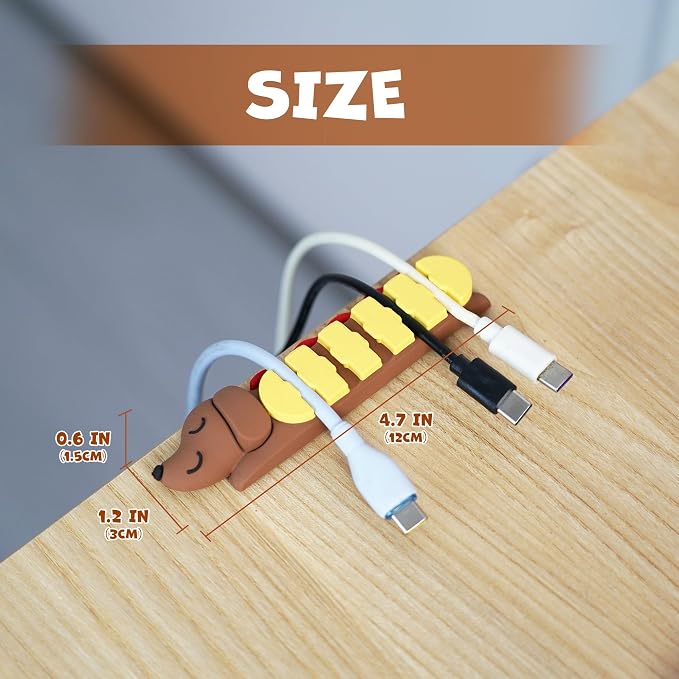 YOBRO Hot Dog Cable Organizer, Dachshund Shaped Adhesive Cord Holder for Desk, 5-Slot PVC Wire Management Clip for Type-C Charging Cable, Cute Kawaii Gift for Office Home Bedroom