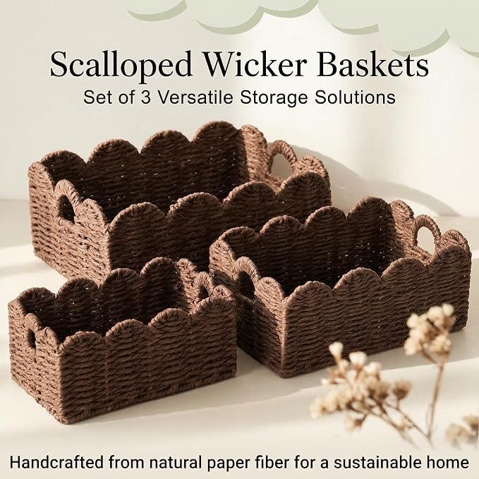 Scalloped Wicker Baskets, Set of 3 Hand-Woven Storage Baskets with Handles - Paper Rope Shelf Organizers & Decorative Baskets for Shelves, Closet, Bathroom (Brown）