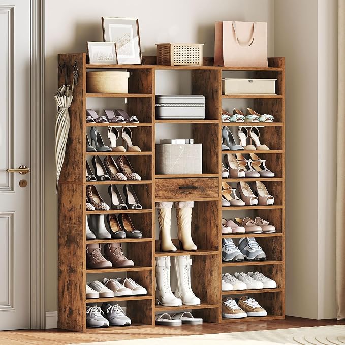 HOOBRO 10 Tier Shoe Rack Tall, 47" Large Wooden Shoe Rack Organizer, 61" Tall Shoe Shelf with Cubbies and Fabric Drawer, for 25-33 Pairs of Shoes, Entryway Shoe Organizer, Rustic Brown FG10SC01