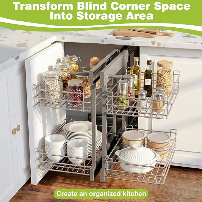 Blind Corner Pull Out Organizer for 36" Cabinet Left Open & Right Open Compatible 2 Tier 4 Shelves Adjustable Height