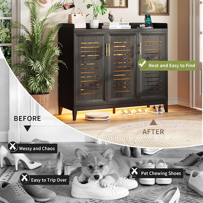 Vlsrka Shoe Storage Cabinet with Shutter Doors and Adjustable Shelves | 6 Tier Wooden Shoe Organizer, Large Capacity, Human Sensor Lighting, 180° Rotating, for Entryway, Hallway, Living Room, Black