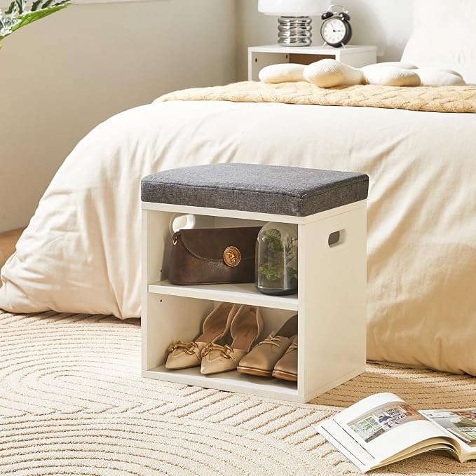 YMYNY Small Shoe Storage Bench with Cushion, White, HBD028W | 2 Tier Entryway Bench with Storage, Small Shoe Rack Bench with Adjustable Shelf for Entryway 11 x 15.3 x 16.5 Inches