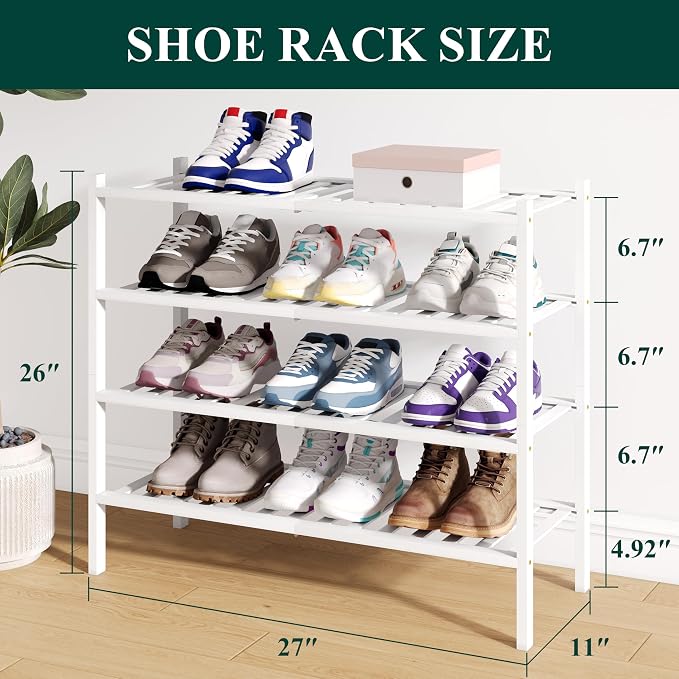 Smiry Bamboo Shoe Rack for Closet, 4 Tier Wooden Shoe Organizer, Stackable Wood Shoe Storage Shelf for Entryway, 14 Vertical Slats, 2+2 Stack Heavy-Duty Legs, 26.77"x11.02"x25.98", White