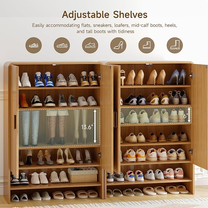 ONBRILL 6-Tier Shoe Storage Cabinet, 45'' Large Farmhouse Shoe Cabinet for Entryway, Modern Wooden Shoe Rack Organizer with Doors and Shelves, for Front Door Hallway (Oak)