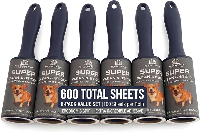 Extra Sticky Lint Roller, 6-Pack 600 Sheets, Pet Hair | Extra Sticky | Cat & Dog Hair | Straight-Cut Sheets | Navy Ergonomic Handles | Clothes | Car Seats | 6 Complete Rollers